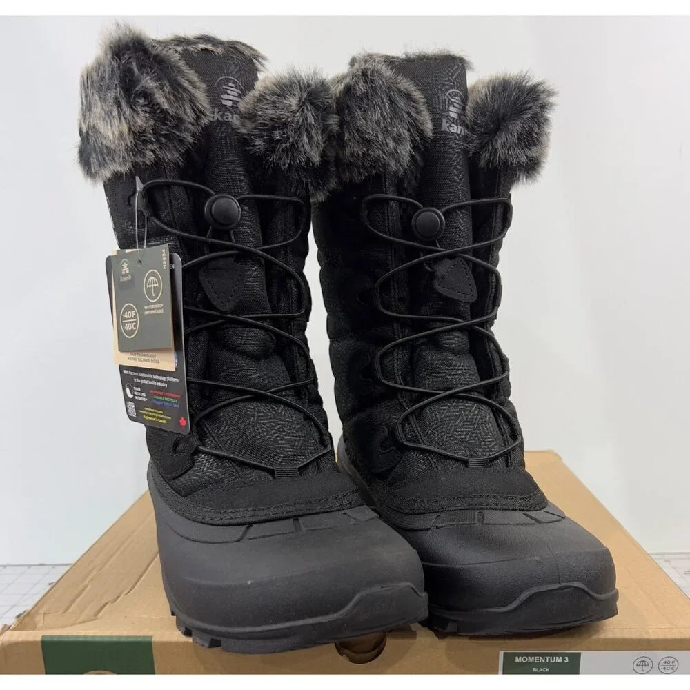 Kamik Women's Black Winter Rain Boots with Faux Fur Trim